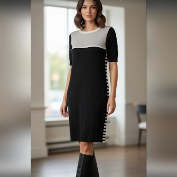 Vince Camuto Elegant Black and Cream Sweater Dress - Picture 1 of 11